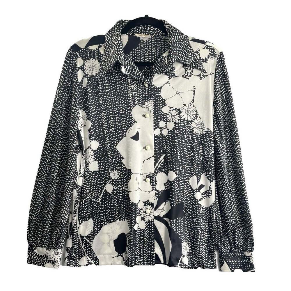Vtg KAMEHAMEHA 60s 70s Women Hawaiian Button Front Blouse Sz M Black White‎ 9-18